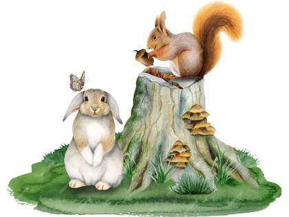 Squirrel sitting tree stump bunny rabbit with butterfly grass watercolor illustration 714656 841